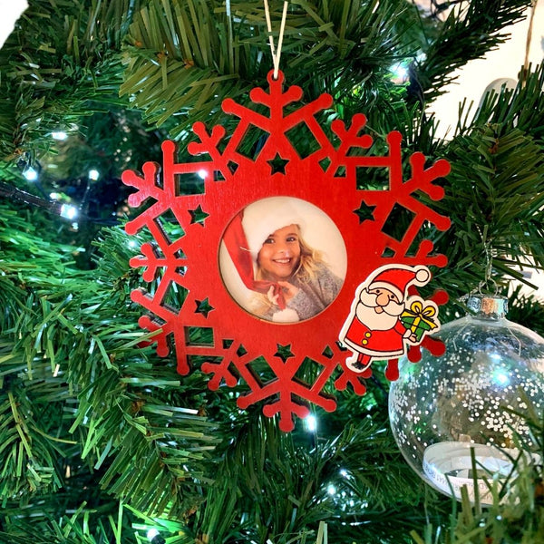 Addobbo natalizio rosso Snowflake Babbo Natale personalizzato (stampa della foto inclusa)